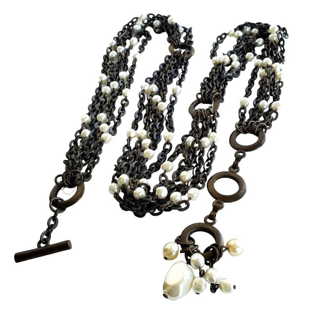 Vintage Brass Chain Faux Pearl Belt or Necklace 5-Strand Heavy Boho Festival